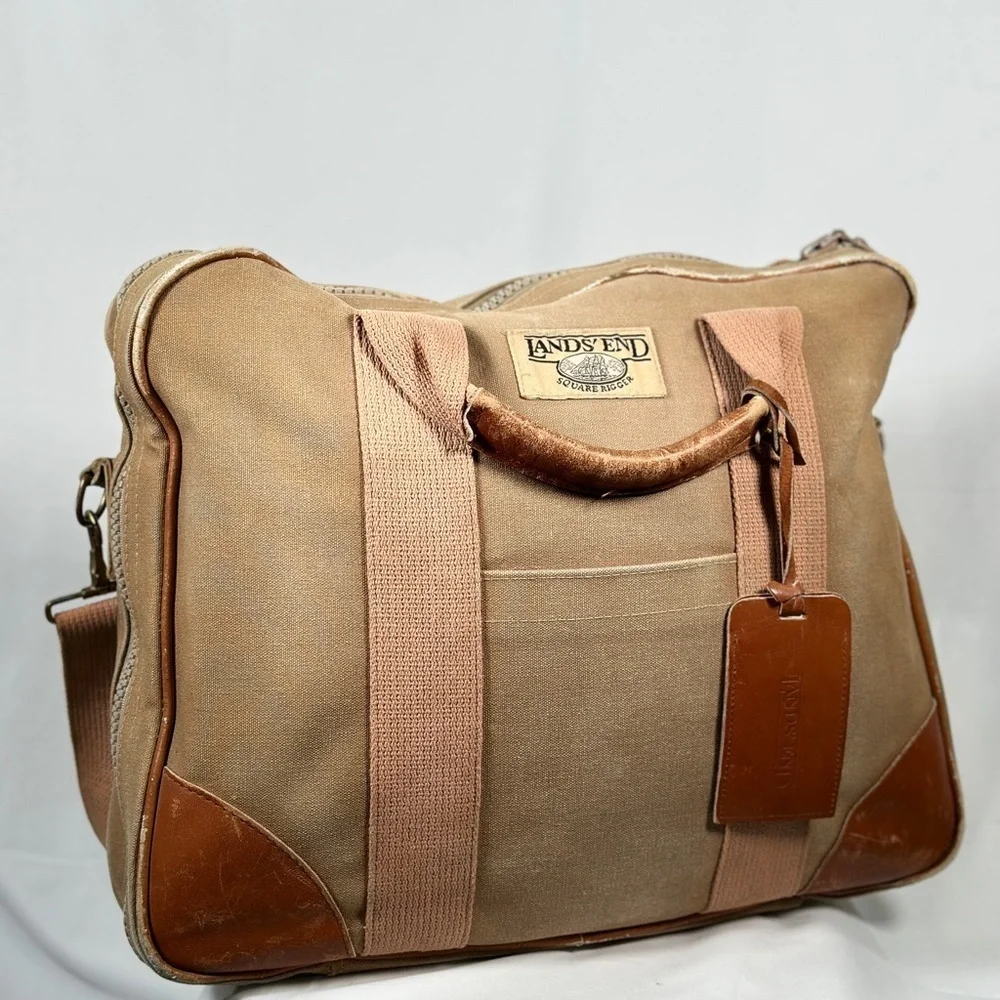 Lands’ End Square Rigger Canvas + Leather Briefcase / Messenger, Khaki, Vintage